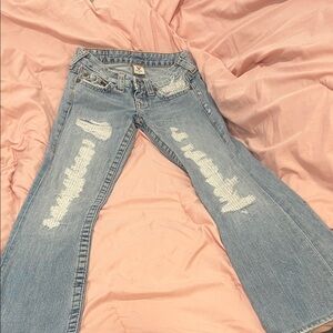True Religion Light Blue Distressed Flare Jeans